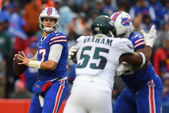 Oct 27, 2019; Orchard Park, NY, USA; Buffalo Bills quarterback Josh Allen (17) drops back to pass as Philadelphia Eagles defensive end Brandon Graham (55) pressures during the third quarter at New Era Field.